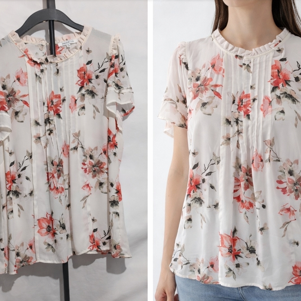 Rose & Olive Floral Chiffon Blouse with Ruffle Sleeves